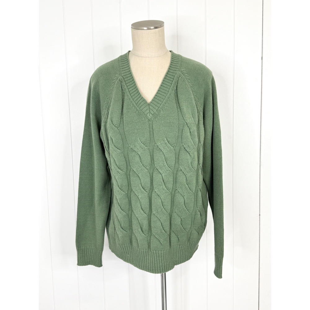 Candace Cameron Bure V-Neck Sweater Women Size M Cable Knit Raglan Cotton Green